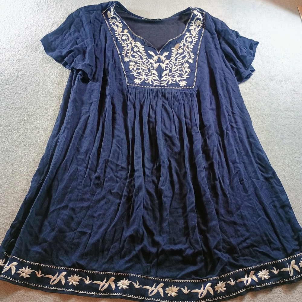 Lapogee Women Tunic Dress Navy Blue 2X Embroidered Boho Babydoll Plus Size